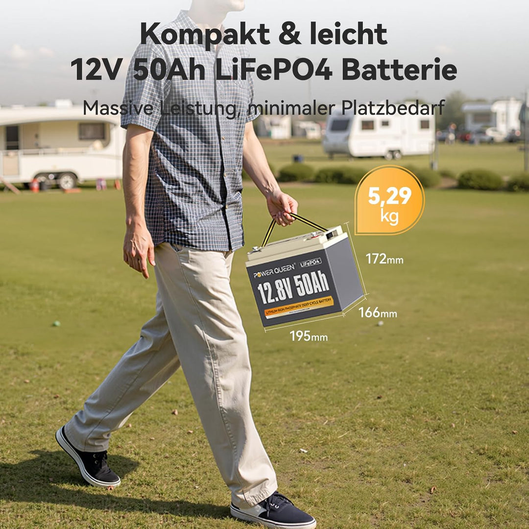 Power Queen 12,8 V 50 Ah LiFePO4 Lithium-Batterie, 640Wh Lithium Akku, über 4000+ Zyklen, Ersatzbatt