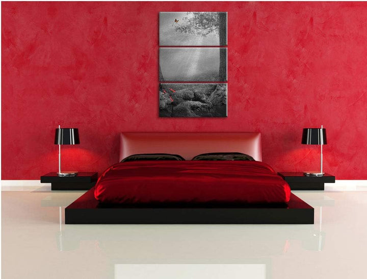 Märchenwald mit Schmetterling schwarz/weiss 3-Teiler Leinwandbild 120x80 Bild auf Leinwand, XXL ries