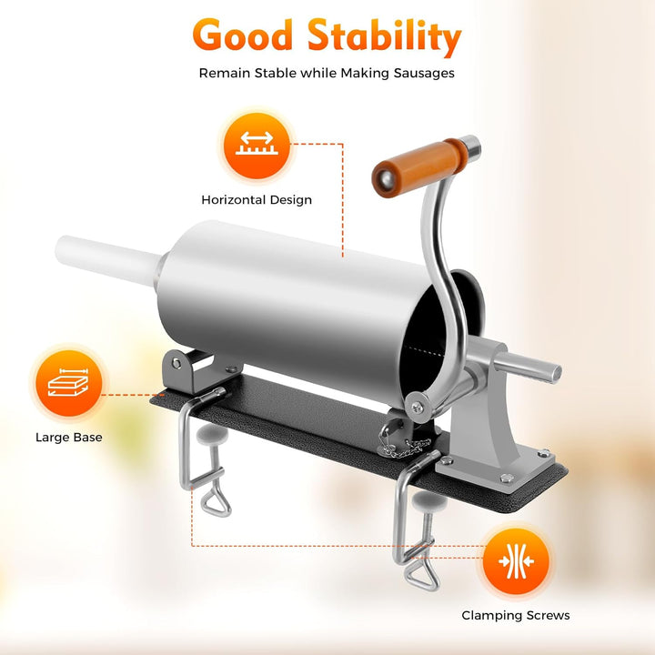 Manueller Wurstfüller aus Edelstahl 3L, horizontale Wurstfüllmaschine mit 4 Füllrohren