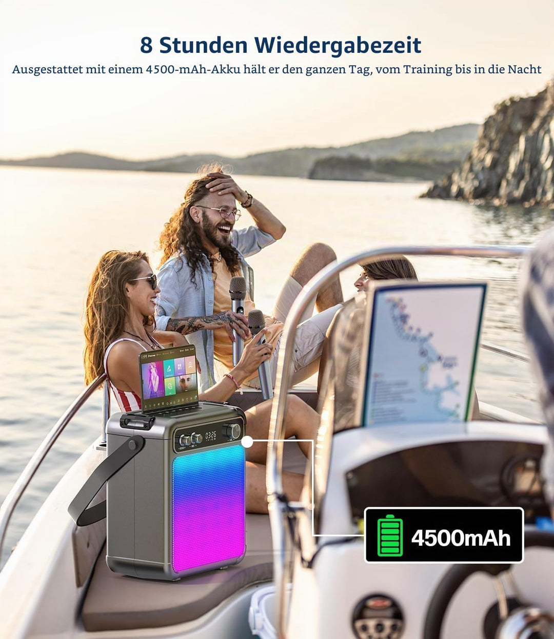 Karaoke Maschine mit 2 Mikrofonen, tragbarer Bluetooth Karaoke System mit LED Lichtern, Stereo TWS,