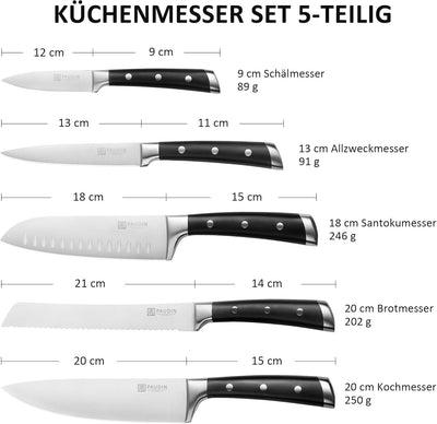 PAUDIN Messerset 5 Teilig, Küchenmesser Set mit Kochmesser, Brotmesser, Santokumesser, Gemüsemesser