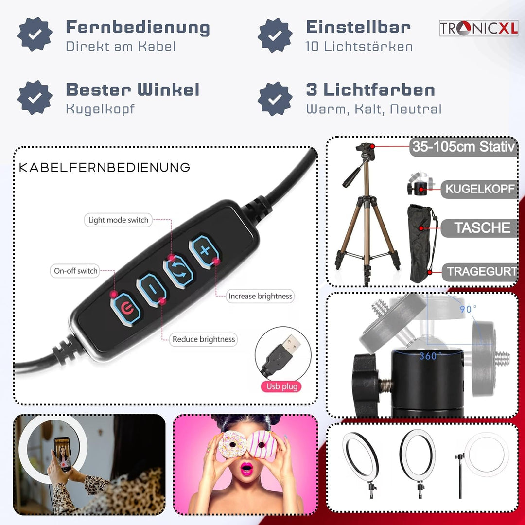 TronicXL 1,05m Premium Kamerastativ für Smartphone iPhone Stativ Tripod mit Ringlicht