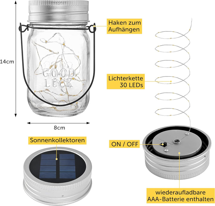 Solpex Solarlaterne für aussen, Solarlampe, 6 Stück, Solarglas mit Lichtkette, 180 LED, Laterne häng