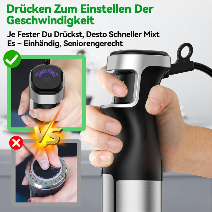 Stabmixer Set 5 in 1, 1100W Pürierstab Elektrisch, Stufenlose Geschwindigkeit, Edelstahl Hand Blende