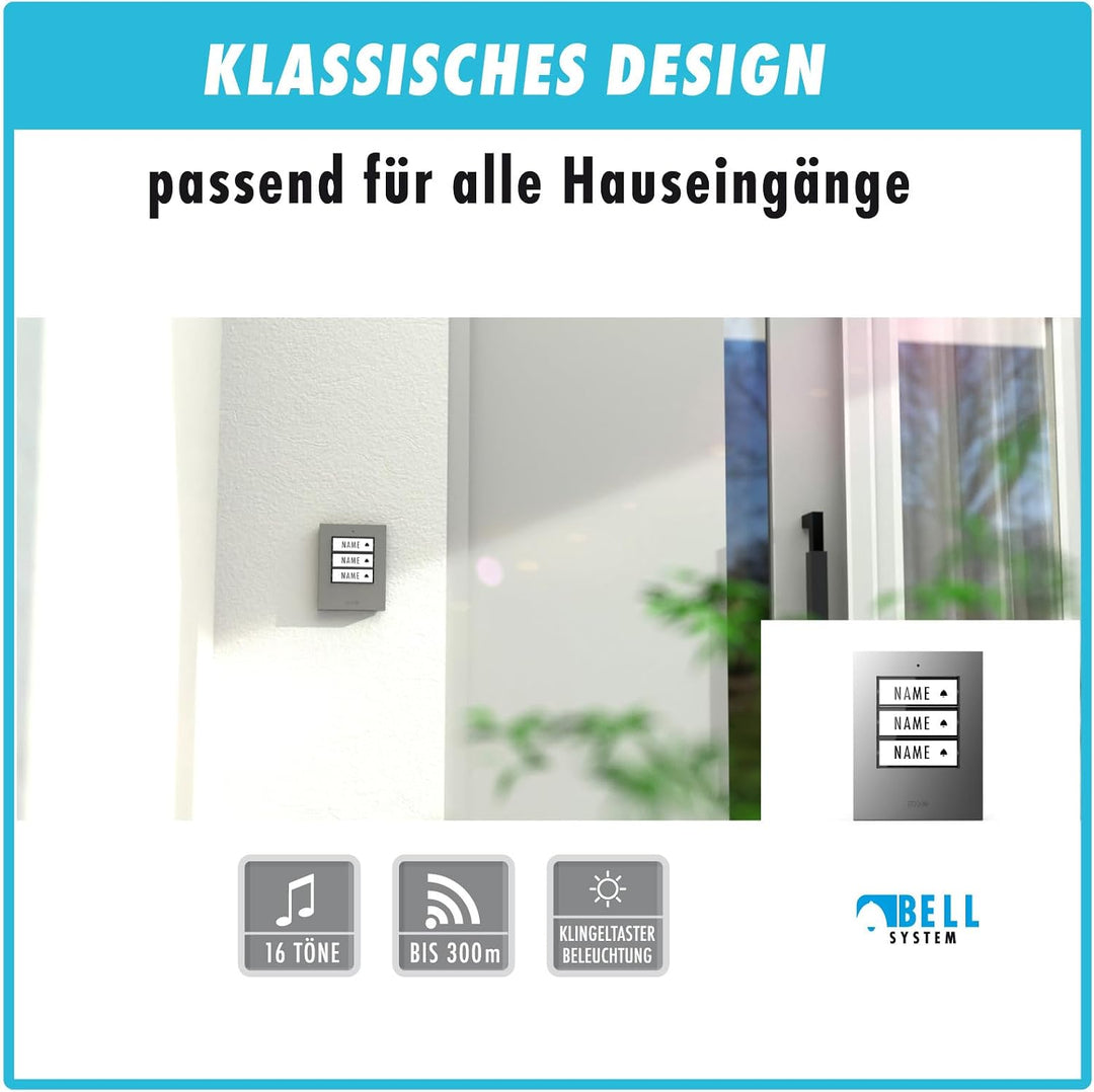 m-e Funkklingel BELL-573 Silber mit Sender und Empfänger für 3-Familienhaus | Erweiterbare kabellose