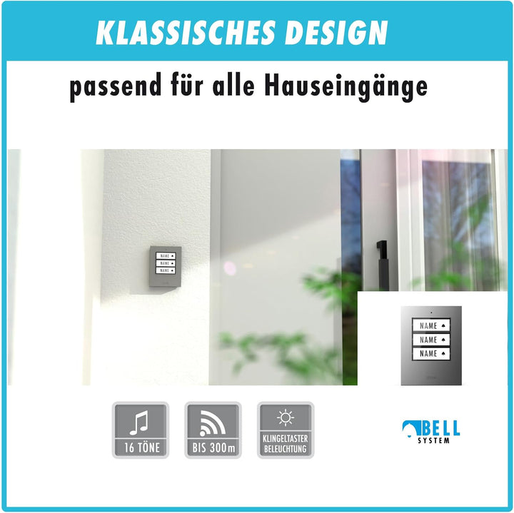 m-e Funkklingel BELL-573 Silber mit Sender und Empfänger für 3-Familienhaus | Erweiterbare kabellose