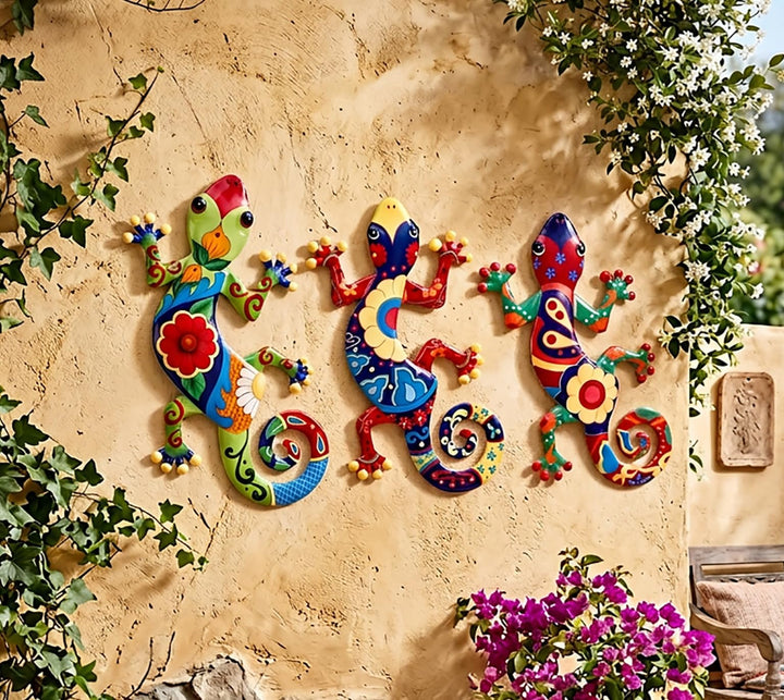 KAMACA 3er Set Metall Gecko Wanddeko bunt – je 35,5 x 22 cm – farbenfrohe Garten Deko zum Hängen – W