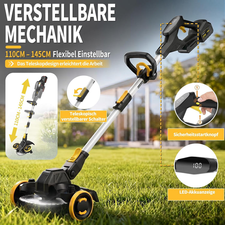 Rasentrimmer mit Akku, 21V Akku Rasentrimmer für Makita Akku, Rasentrimmer mit Unkrautbürste, 2 * 4.