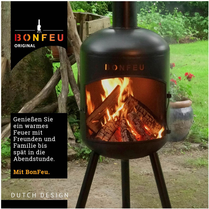 BonFeu BonBono Schwarz - Terrassenofen - Feuerstelle mit Funkenschutz für entspannte Abende - Feuers