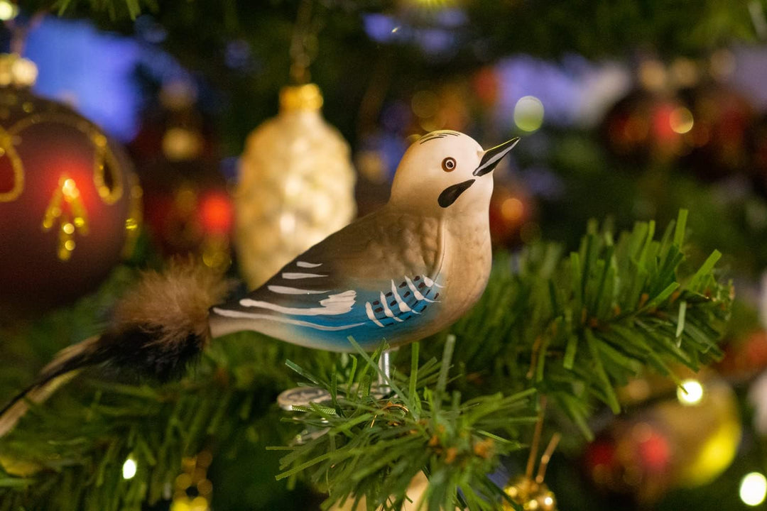 Birds of Glass® Glas-Vogel, Eichelhäher mit Naturfeder, Glasschmuck Made in Germany aus eigener Hers