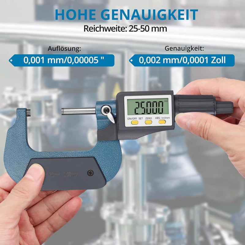 AUTOUTLET Micrometer Digitale Bügelmessschraube 25-50mm/ 0.001mm, Hohe Präzision LCD Digitale Mikrom