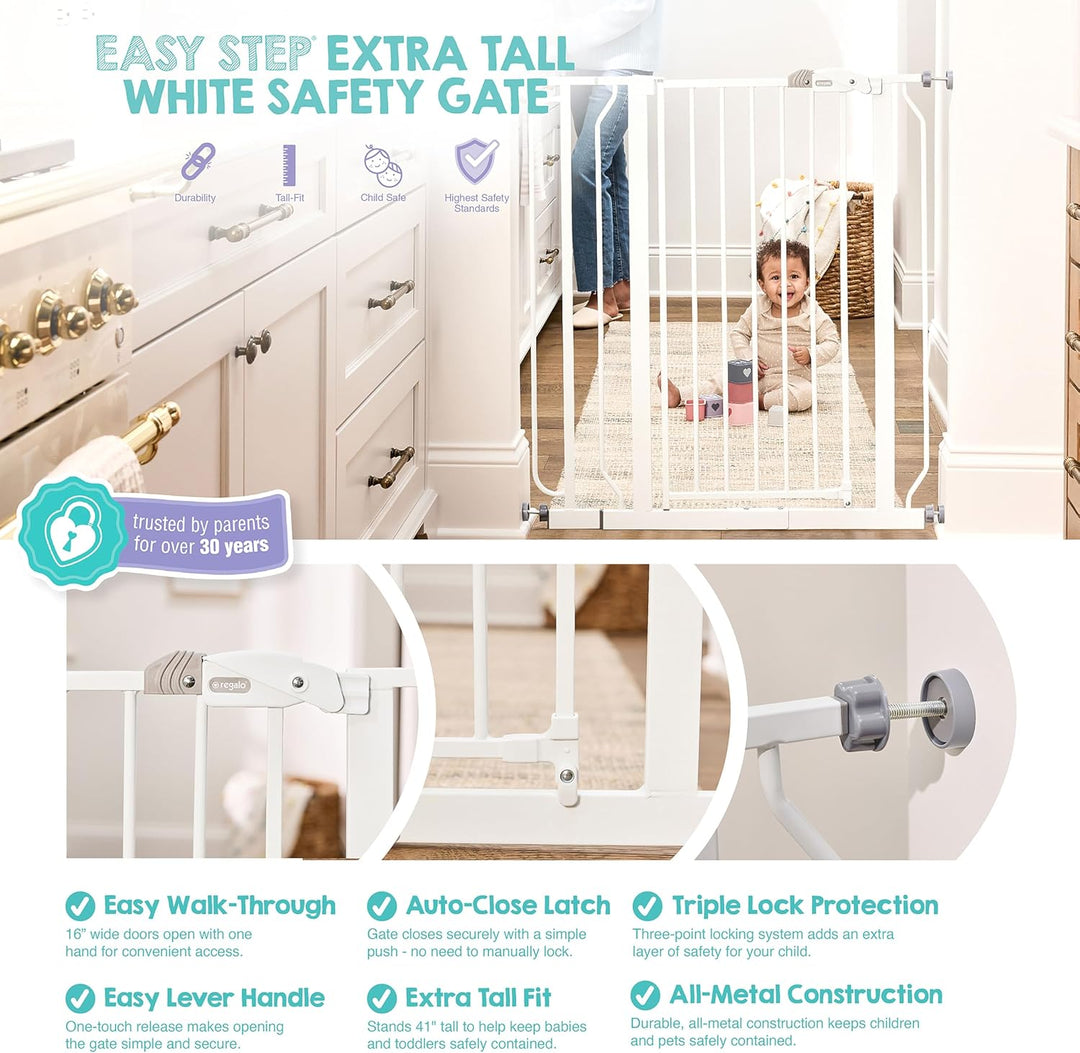 Regalo Easy Step Baby-Schutzgitter, Druckbefestigung, inklusive Verlängerungs-Kit (104 cm) Weiss, We