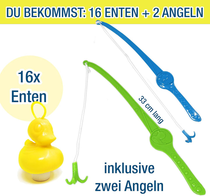 AMLI Enten Angeln | 16x gelbe Entchen mit Öse & Gewicht | Inkl. 2 Angeln | Entenangeln Spiel Wasser
