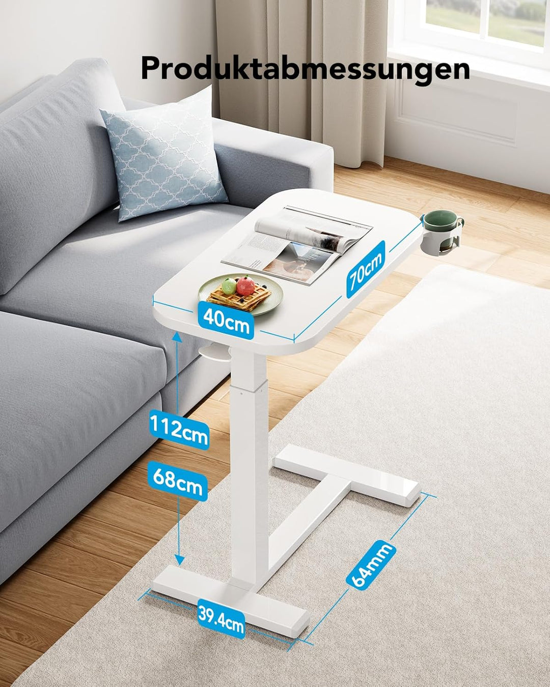 HUANUO Beistelltisch mit Rollen,Höhenverstellbarer Beistelltisch mit 70 x 40 cm grosse Tischplatte,M