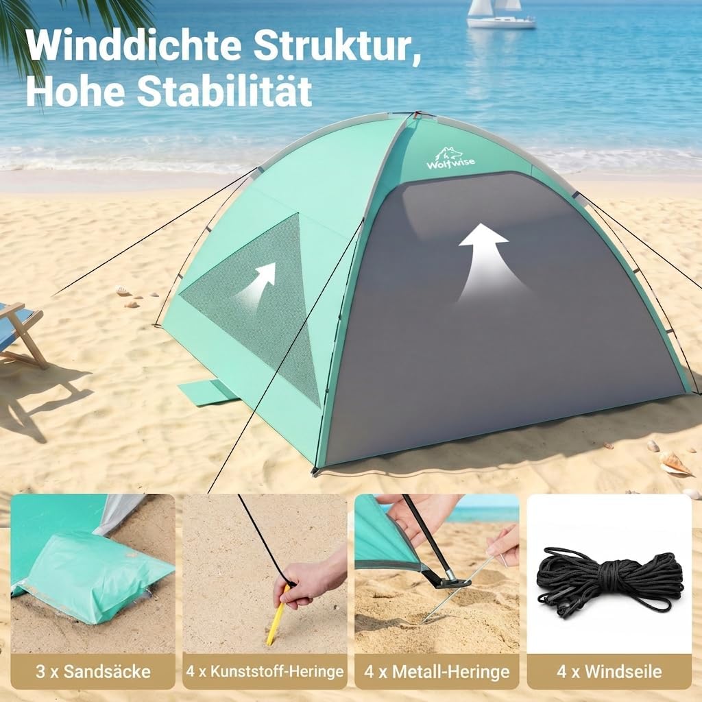 Wolfwise Strandmuschel UV Schutz, 3 Belüftungsfenster &amp; Tragetasche, Strand Zelt mit erweiterbarem B