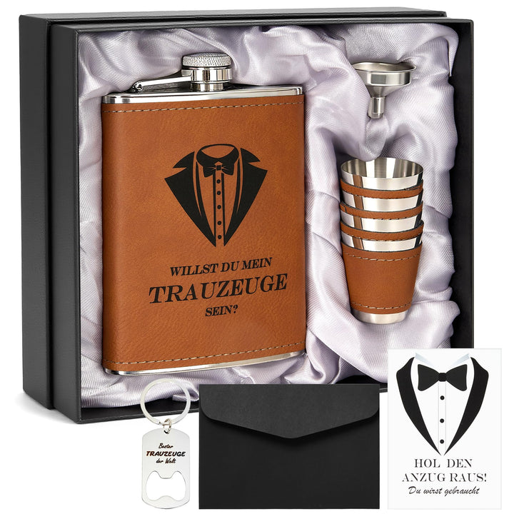 Flachmann mit Gravur 8oz Edelstahl Geschenkset für Trauzeuge und Trauzeugin, Schwarze Geschenkbox mi