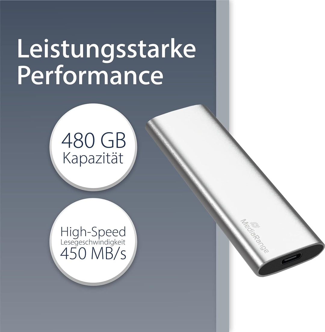 MediaRange Externes SSD Laufwerk 480 GB - USB Type-C Solid State Laufwerk mit 3.2 Gen 2 Flash Techno