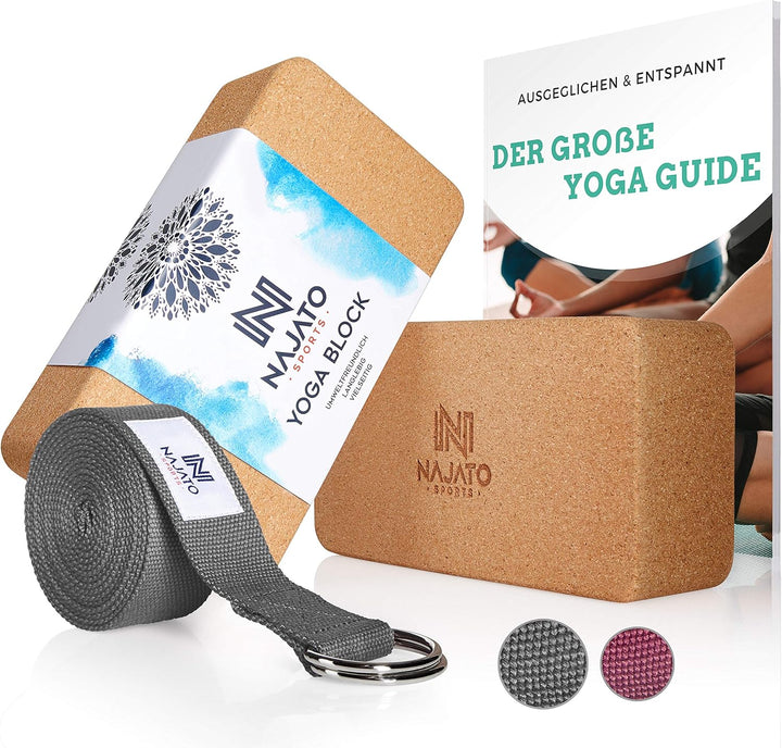 NAJATO Sports Yoga Block Kork 2er Set – Wahlweise mit Yoga Gurt – Yoga Klotz inkl. E-Book (PDF Datei