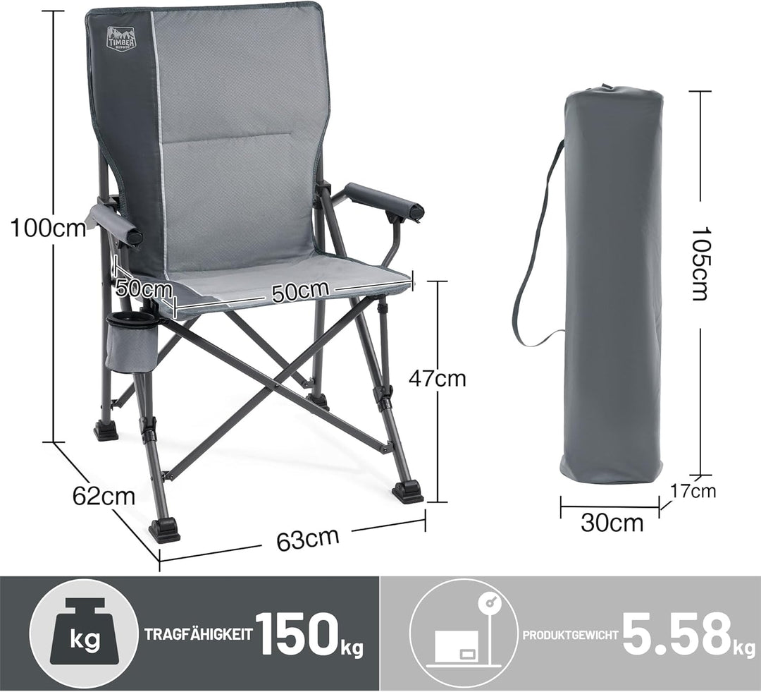 TIMBER RIDGE Campingstuhl faltbar 150kg hoher Rückenlehne Klappstuhl tragbar mit Getränkehalter hart