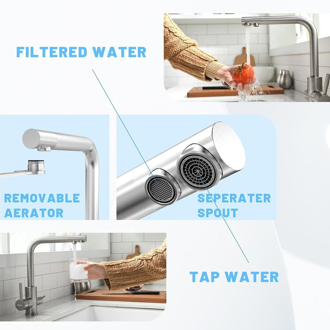 DAYONE 3 Wege Wasserhahn Küche, 3 in 1 Mischbatterie für Wasserfilter, 360° Drehbar Küchenarmatur, T