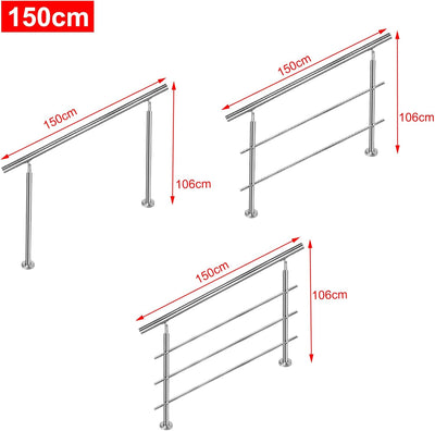 Aufun Edelstahl Handlauf 150cm Treppengeländer Innen und Aussen mit 2 Pfosten für Treppen, Brüstung,