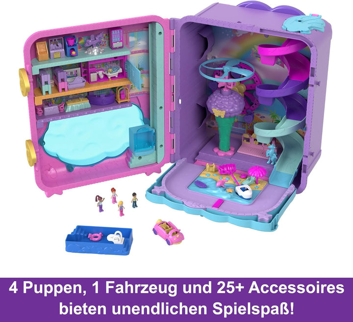 Polly Pocket Pollyville Urlaub im Rollkoffer - 4 Puppen, 1 Fahrzeug, 25+ Zubehörteile, Strand, Prome