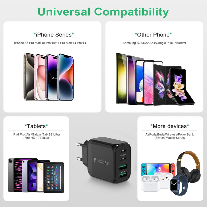 40W USB C Ladegerät, Gcstnn Schnellladegerät 2-Pack 4 Port PD3.0 QC3.0 USB C Ladestecker für iPhone