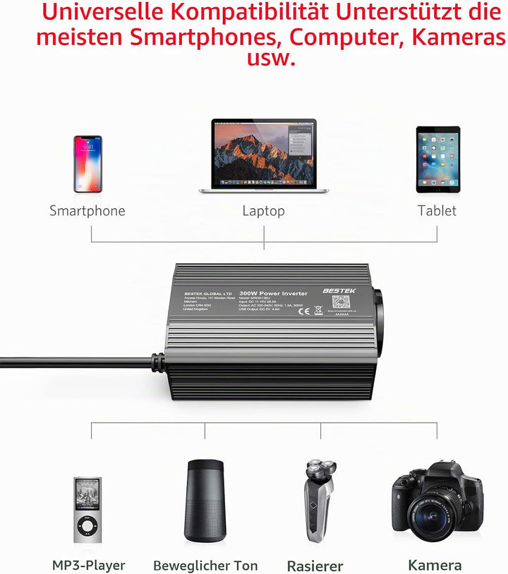 BESTEK 300W Wechselrichter/Spannungswandler 12v 230v /Stromwandler Inverter 12v auf 230v /mit Zertif