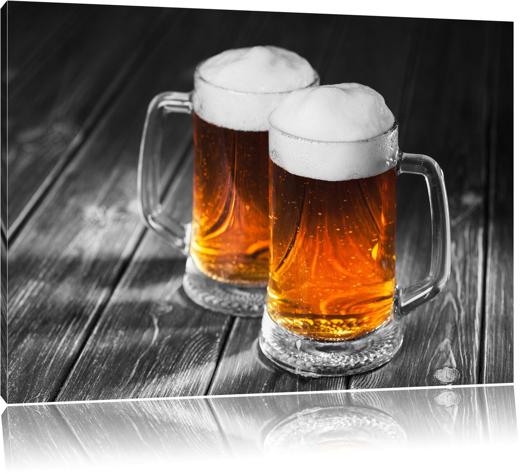 Pixxprint Zwei Masskrüge Bier als Leinwandbild/Grösse: 100x70 cm/Wandbild/Kunstdruck/fertig bespannt