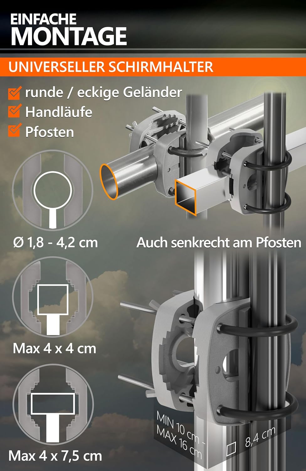 4smile Sonnenschirm Balkon, 3-in-1 SET - Sonnenschirm rechteckig 200 x 125 cm, UPF 50+, Sonnenschirm