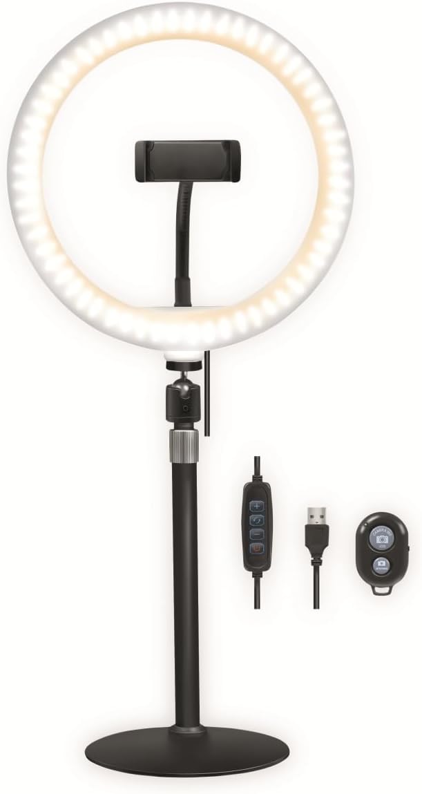 LogiLink AA0152 - LED Ringlicht/Ring Light (Ø 25 cm) mit Smartphone Halterung, 3-Farbmodi (natürlich