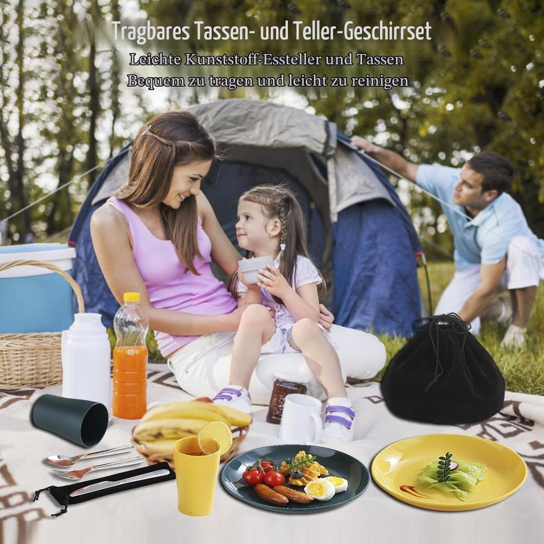 Evanda Camping Besteck Set 10 teilig, wiederverwendbarer leichter Becher, Teller und Edelstahlbestec