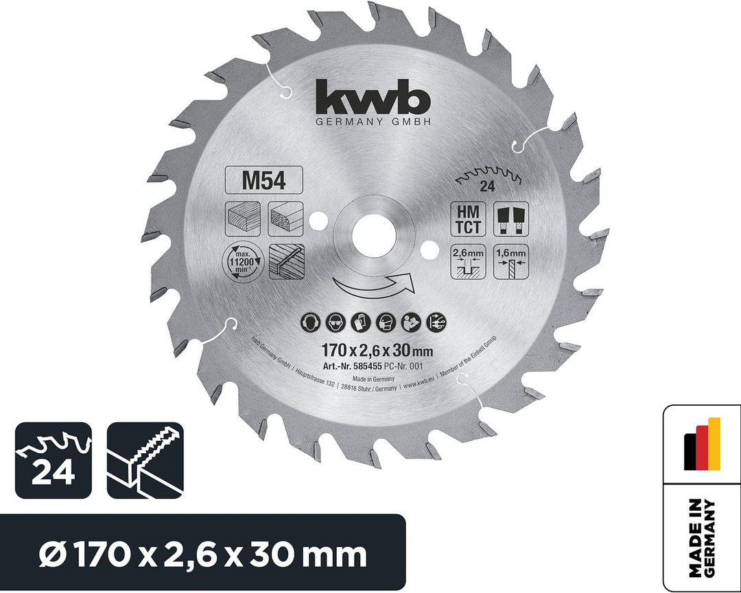 kwb Kreissägeblatt 170 x 30 mm, Made in Germany, schneller Schnitt, Sägeblatt geeignet für Weich- un