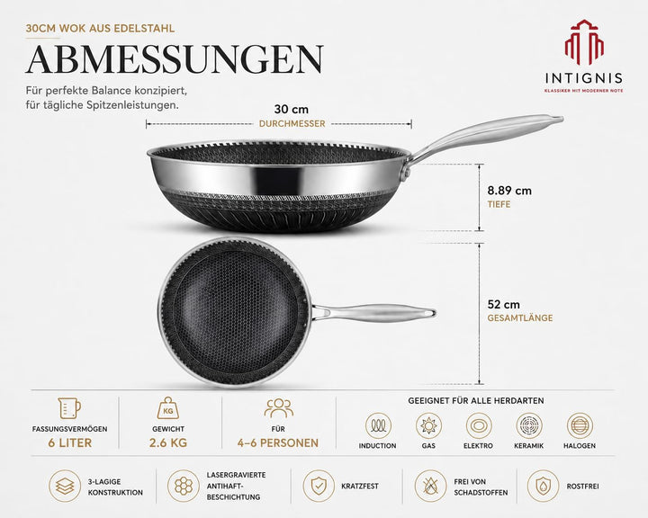 INTIGNIS Wok mit backofenfestem Deckel – Anti-Kratz-Küche, zum Sautieren, Braten, Braten – Grosse 30