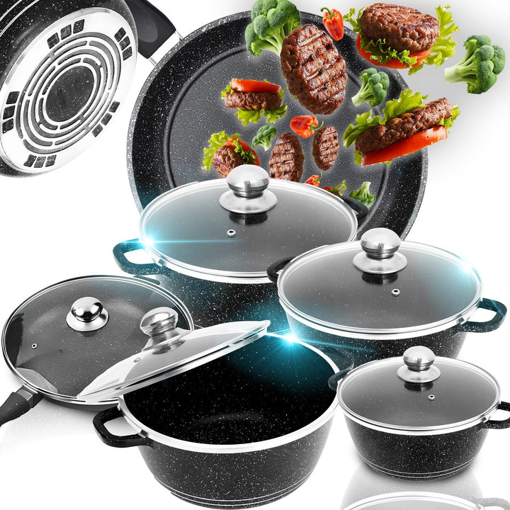 Retoo Topfset Kochtopfset Aluminium Kochgeschirr 12-teilig 4 Kochtöpfe 1 Bratpfanne 5 Glasdeckel 2 H