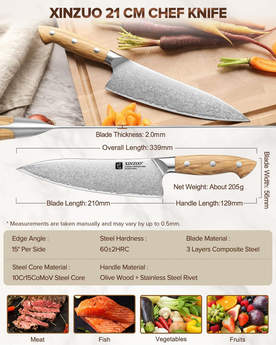 XINZUO 3 Schichten Verbundstahl 21cm Kochmesser Profi scharfe Küchen Chefmesser 10Cr15CoMoV-Stahlker