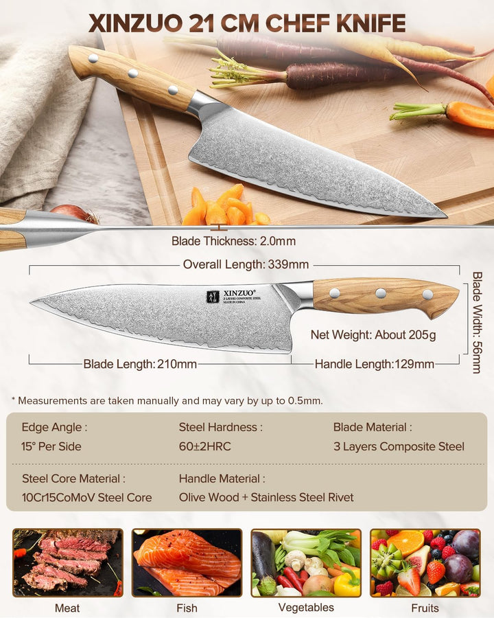 XINZUO 3 Schichten Verbundstahl 21cm Kochmesser Profi scharfe Küchen Chefmesser 10Cr15CoMoV-Stahlker
