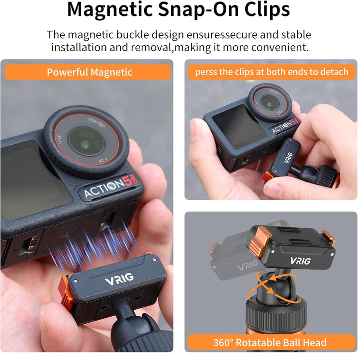 VRIG 40cm Mini Selfie Stick Stativ für DJI Osmo Action 5 Pro/4/3, 360°-Kopf-Verlängerungsstativ, mag