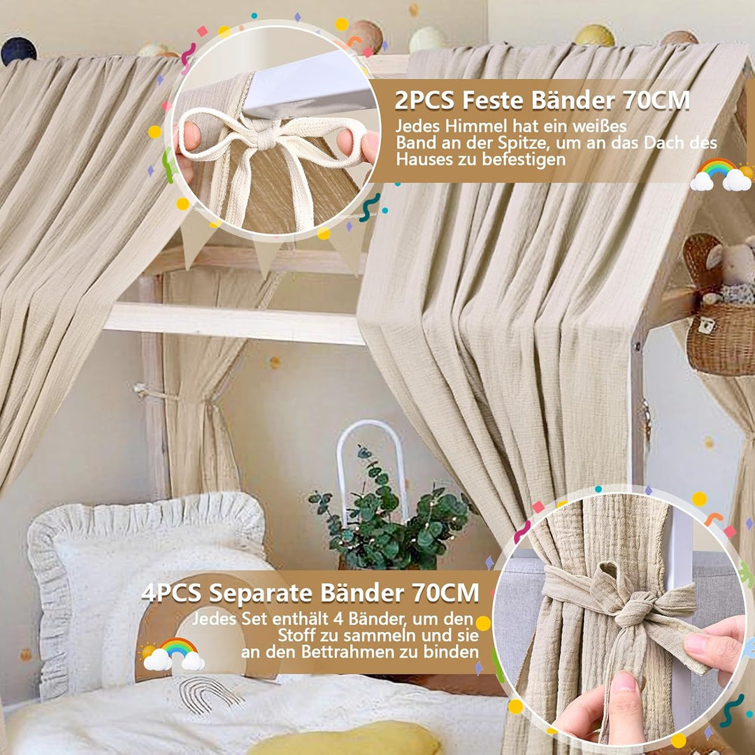 Alishomtll Hausbett Himmel Deko Set, 2 Betthimmel Hausbett aus 100% Baumwolle Musselin, 1 Wimpelkett