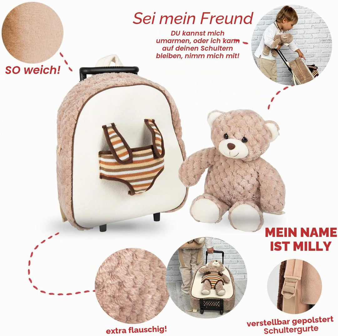 PERLETTI Plüschtier Teddybär Kindergepäck Rucksack für Kinder - Kinderrucksack Abnehmbaren Rädern un
