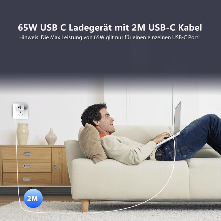 Qackenm USB C Ladegerät 65W, GaN Schnellladegerät mit 2M USB-C Kabel, 2-Port USB-C Netzteil PPS für