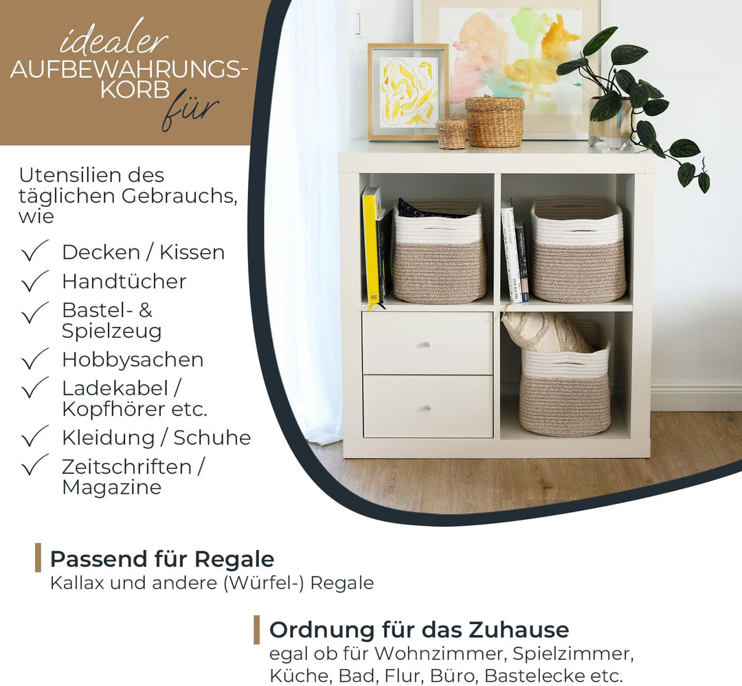 HMF Aufbewahrungskorb mit versteckten Griffen, 3er Set, Korb aus Baumwolle | 37,5 x 25 x 22,5 cm | W