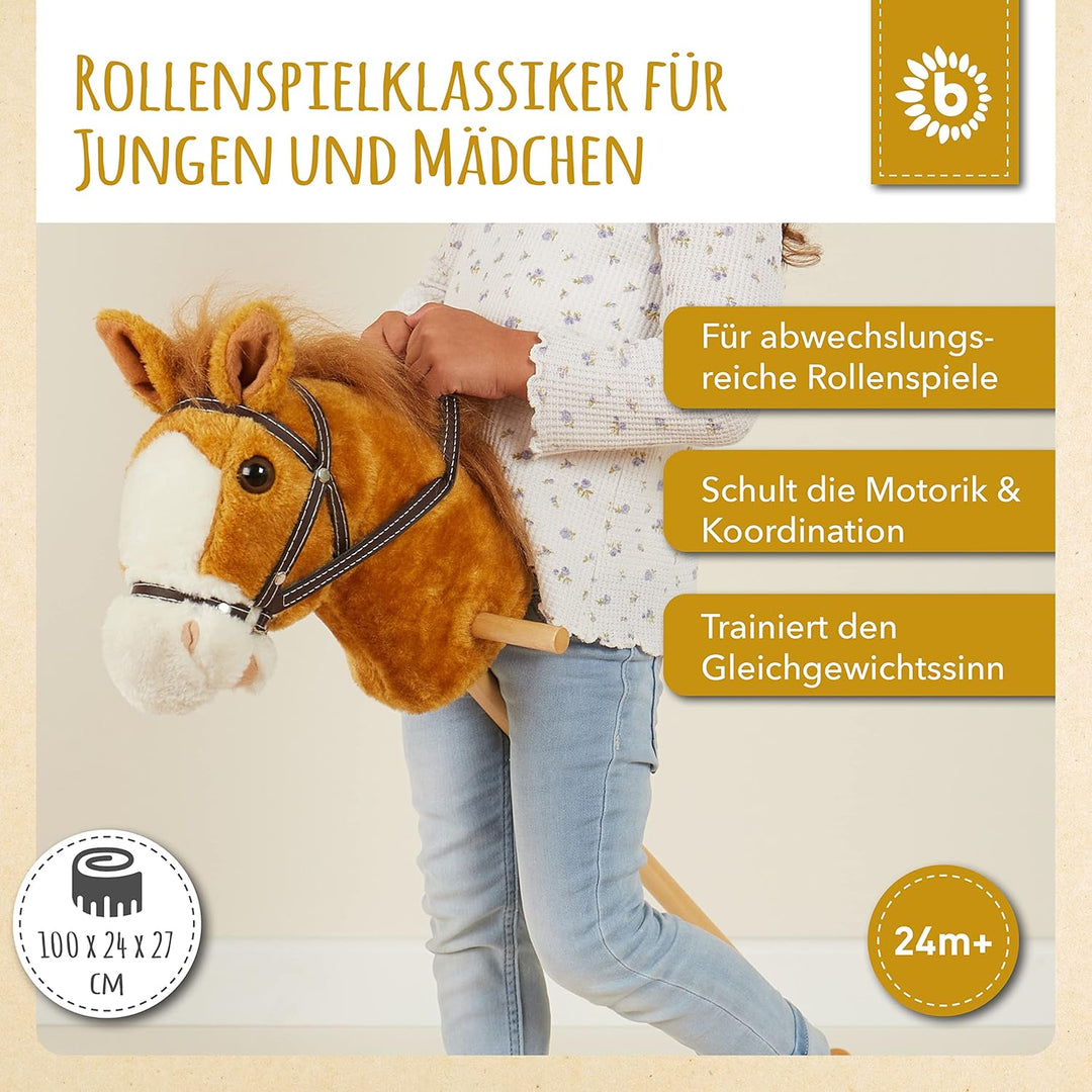 Bieco Steckenpferd Kinder Brownie | ca. 100 cm | Top Qualität | Holzpferd Draussen & Drinnen | Plüsc