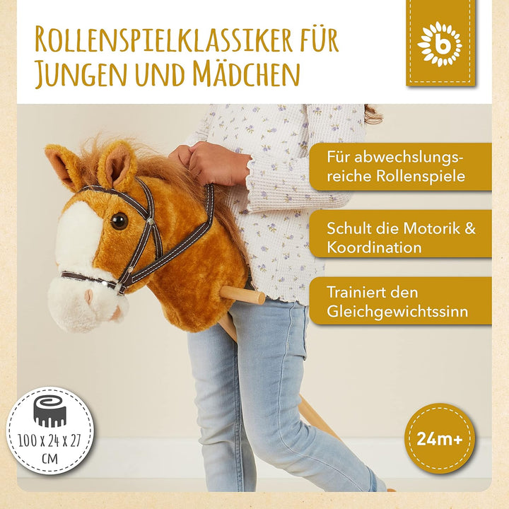 Bieco Steckenpferd Kinder Brownie | ca. 100 cm | Top Qualität | Holzpferd Draussen & Drinnen | Plüsc