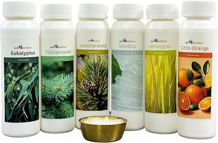 well2wellness® Saunaaufguss Set 'Probierset/Starter Set' 6 x 125 ml + gratis 10g Mentholkristalle Pr