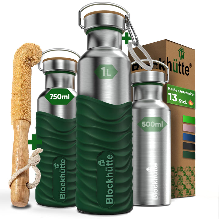 Blockhütte Edelstahl Trinkflasche 750ml I Wasserflasche Kohlensäure geeignet I Auslaufsicher, BPA-Fr