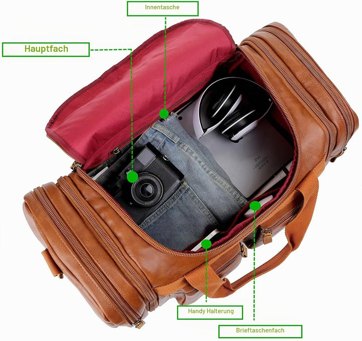 HB-21 Reisetasche, Wochenendtasche, Leder, zum Handgepäck, für Damen und Herren, braun, Braun