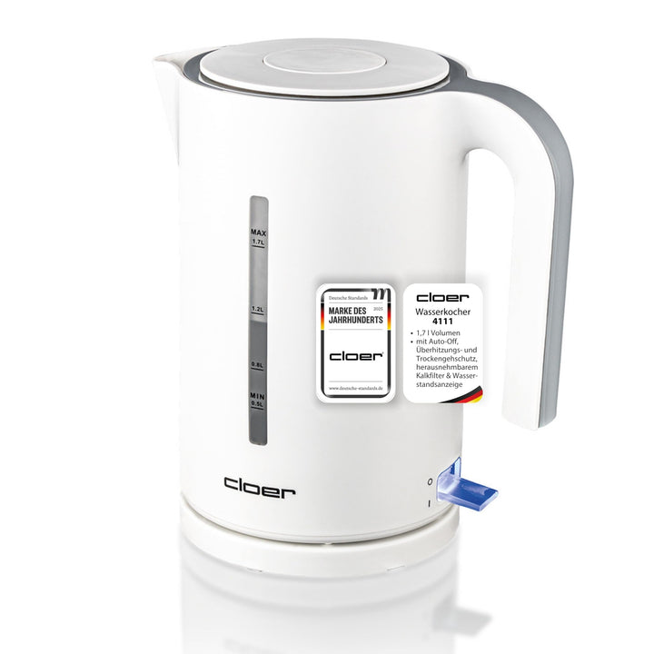 Cloer 4111 Wasserkocher, 2200 W, grosse Wasserstandsanzeige, Trockengeh- und Überhitzungsschutz, 1,7