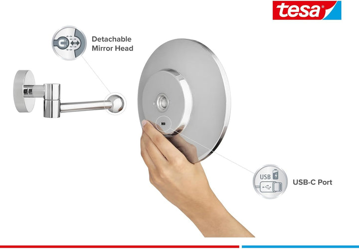 tesa VISIOON LED-Kosmetikspiegel - kabelloser Schminkspiegel mit dimmbarer Beleuchtung - Touch Contr
