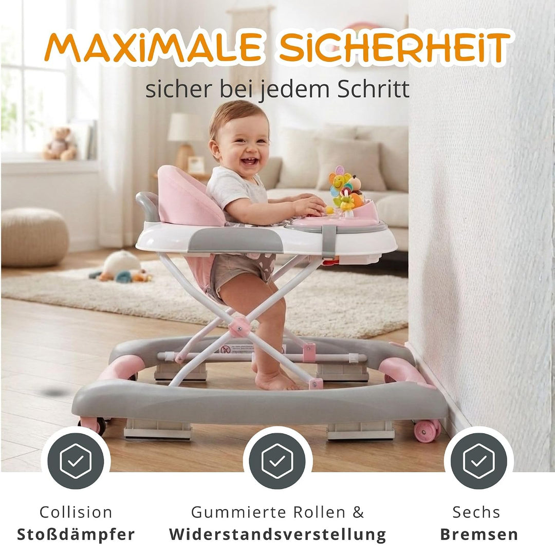 BRONEA 4-in-1 Gehfrei Baby ab 6 Monate | Lauflernwagen mit Schaukelfunktion und Spielpaneel mit Musi